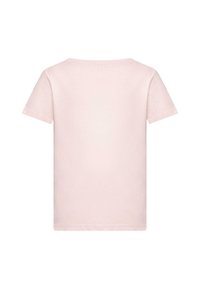 Lichtroze t-shirt met korte mouwen en een ronde hals, gemaakt van zachte katoenstof. Er zijn geen patronen of afbeeldingen zichtbaar op de achterkant.
