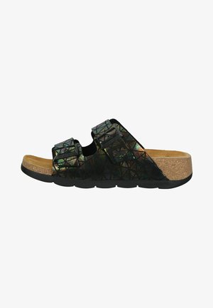 Zwarte instapsandalen met holografisch geometrisch patroon, voorzien van twee verstelbare gespen, kurken voetbed en rubberen zool.