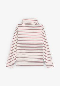 Długo-sleeve top z golfem w białym kolorze z czerwonymi poziomymi paskami, wykonany z miękkiej tkaniny, o dopasowanym kroju i bez zdobień.