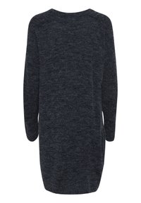 Pull en tricot gris foncé, encolure ras du cou, manches longues, coupe légèrement surdimensionnée, tissu texturé, ourlet arrondi. Aucun motif ni accent visible.