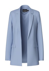 Ljusblå skräddarsydd blazer i en mjuk tyg, med slagkrage, öppen fram och två framfickor. Minimalistisk design.