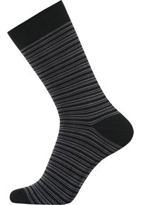 Hørresokker til mænd i mørkegrå med tynde sorte og hvide striber. Ribbet øverste kant og forstærket tå, blød stofstruktur.