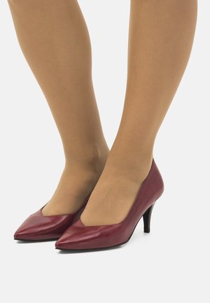 Chaussures à talons hauts en cuir bordeaux avec un design à bout pointu. La hauteur du talon est modérée et la surface est lisse, sans motifs visibles.