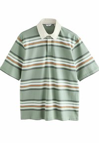 Polo majica kratkih rukava u svijetlozelenoj boji s vodoravnim prugama u bijeloj, sivoj i narančastoj boji. Ima kontrastni bijeli ovratnik i mekanu teksturu.