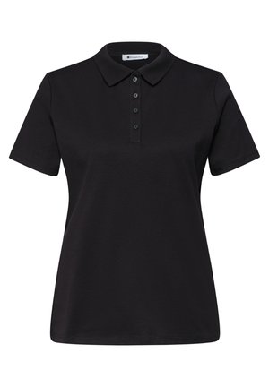 Polo nera a maniche corte con patta a quattro bottoni e collo classico, sagomata per una silhouette aderente.