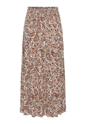 Fustă lungă cu talie elastică, având un model floral complicat în nuanțe de maro, portocaliu și crem pe un material ușor.