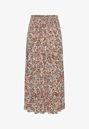 Fustă lungă cu talie elastică, având un model floral complicat în nuanțe de maro, portocaliu și crem pe un material ușor.