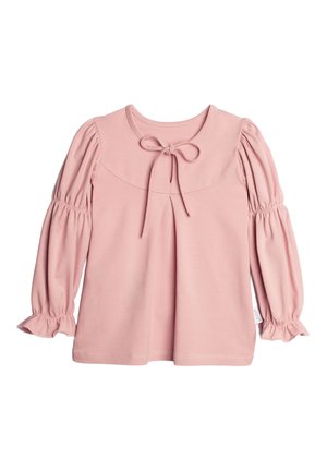 Różowa koszulka dla malucha z długim rękawem, marszczonymi bufkami, okrągłym dekoltem, zakładką z przodu oraz kokardką przy kołnierzyku.