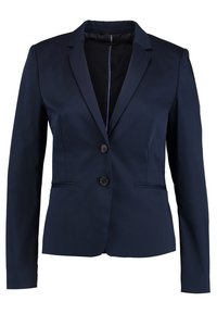 Granatowa marynarka, dopasowany fason, dwa guziki z przodu, klapy z szlufką, boczne kieszenie, gładka faktura, minimalistyczny styl, podszewka wewnętrzna niewystępuje.