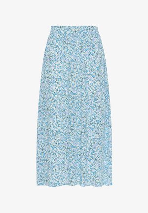 Jupe maxi florale avec un fond bleu clair, ornée de petites fleurs vertes et violettes, dotée d'une taille élastique et d'un design fluide.