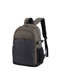 Zaino con un design bicolore in tessuto verde oliva e grigio scuro. Include diverse tasche con zip e un compartimento laterale in rete.