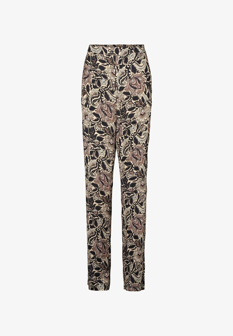 Högmidjade byxor i ett svart, krämfärgat och rosa paisleymönster. Har en rak bendesign med en mjuk textur och ingen synlig hårdvara.