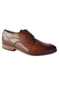 Scarpa da uomo in pelle marrone con una finitura liscia, punta tonda, design con lacci e elementi testurizzati sui lati. Presenta un tacco in legno basso.