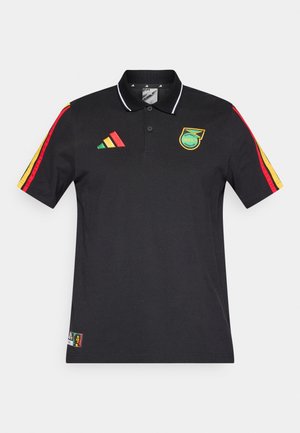 Musta lyhythihainen poolopaita, jossa olkapäillä punaisia, keltaisia ja vihreitä raitoja. Sisältää kirjotun logon ja yksityiskohtia.