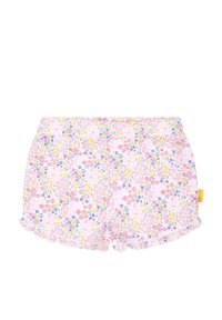 Rosa Blumen-Shorts mit bunten Blumenmustern, Rüschensaum, elastischem Bund und einem Etikett an der Seite für zusätzlichen Detailreichtum.