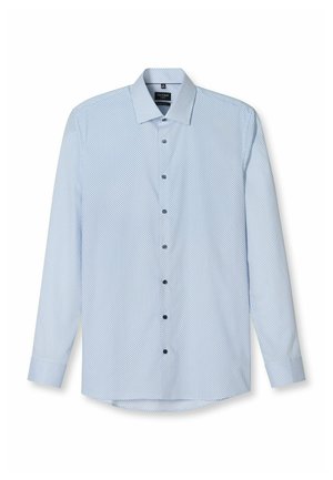 Himmelblaues Hemd mit Knopfleiste, das ein kleines geometrisches Muster aufweist, lange Ärmel, einen klassischen Kragen und dunkle Knöpfe auf der Vorderseite hat.