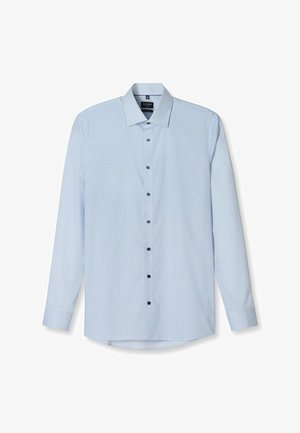 Himmelblaues Hemd mit Knopfleiste, das ein kleines geometrisches Muster aufweist, lange Ärmel, einen klassischen Kragen und dunkle Knöpfe auf der Vorderseite hat.