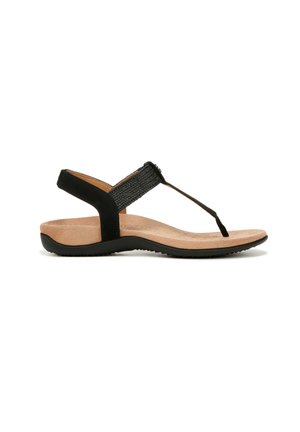 Black thong sandal featuring a textured strap, cushioned footbed, and a flexible rubber sole for comfort and support.