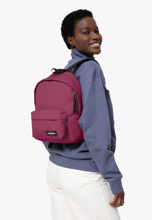 Mochila magenta hecha de un tejido duradero, con un bolsillo frontal, correas ajustables y tiradores de cremallera negros. Lleva puesta una sudadera gris.