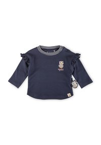 Navy blue long-sleeve shirt with ruffled sleeves, striped collar, owl embroidery, and a decorative tag with an owl design. Soft cotton material.