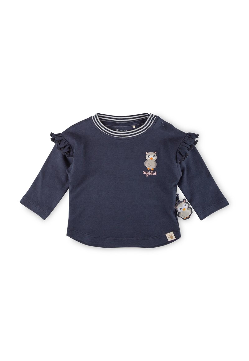 Navy blue long-sleeve shirt with ruffled sleeves, striped collar, owl embroidery, and a decorative tag with an owl design. Soft cotton material.