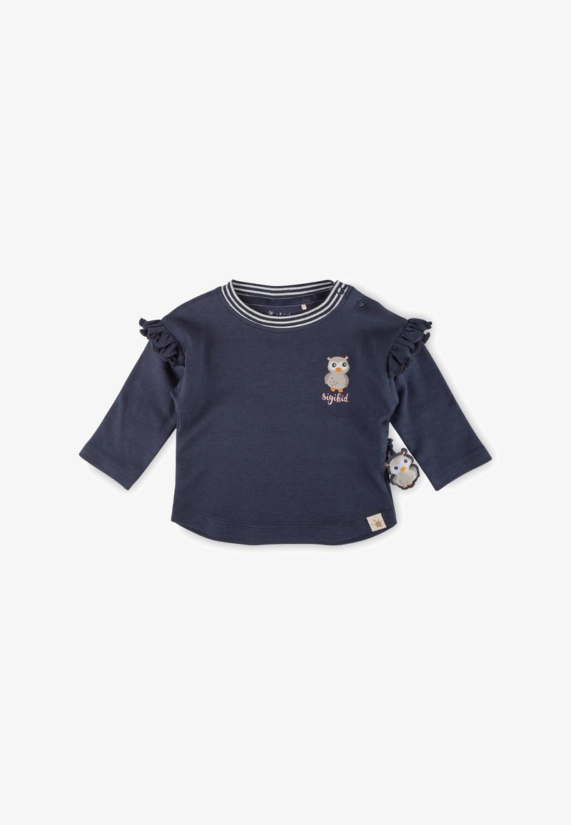 Navy blue long-sleeve shirt with ruffled sleeves, striped collar, owl embroidery, and a decorative tag with an owl design. Soft cotton material.