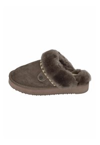 Brown suede slipper with a faux fur lining, round toe, and stitched trim. Features a circular logo detail on the side. Flat rubber sole.