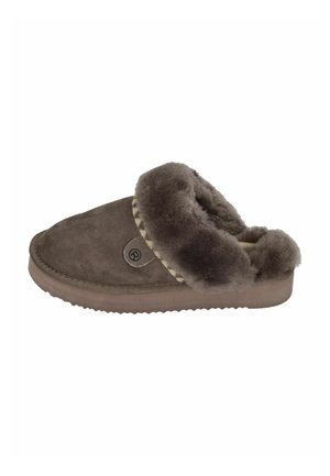 Brown suede slipper with a faux fur lining, round toe, and stitched trim. Features a circular logo detail on the side. Flat rubber sole.