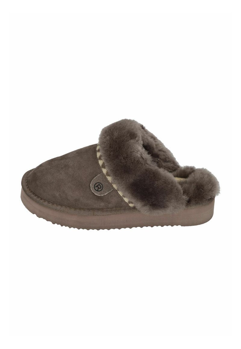 Brown suede slipper with a faux fur lining, round toe, and stitched trim. Features a circular logo detail on the side. Flat rubber sole.