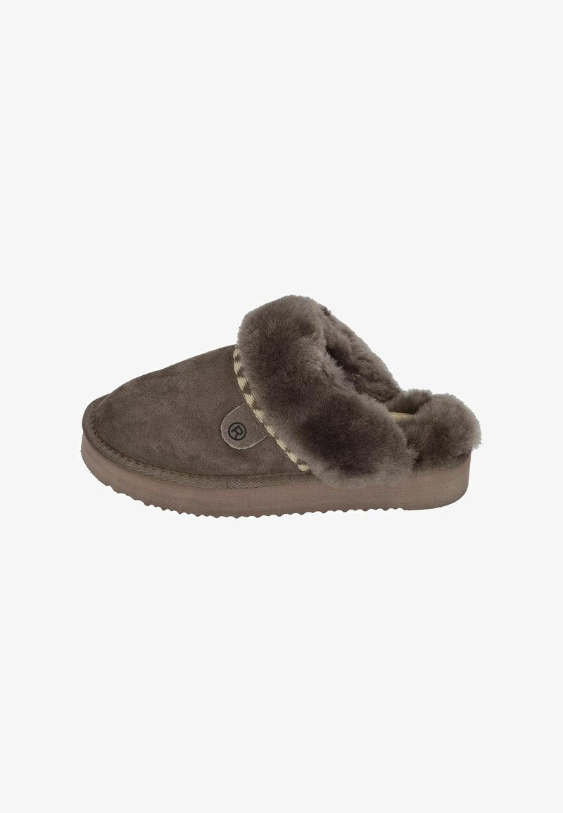 Brown suede slipper with a faux fur lining, round toe, and stitched trim. Features a circular logo detail on the side. Flat rubber sole.
