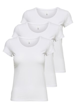 Three white short-sleeve crew neck t-shirts made of soft cotton fabric, featuring a smooth texture and a classic fit.