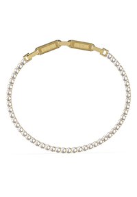 Bracciale in oro con una fila di cristalli trasparenti, fissato con una chiusura che presenta il logo "GUESS". Design sottile ed elegante.