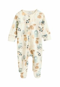 Baumwolle Baby-Overall in Creme mit illustrierten Bauernhoftieren, Bäumen und Fahrzeugen in Pastellfarben. Verfügt über einen Frontreißverschluss für einfaches Ankleiden.