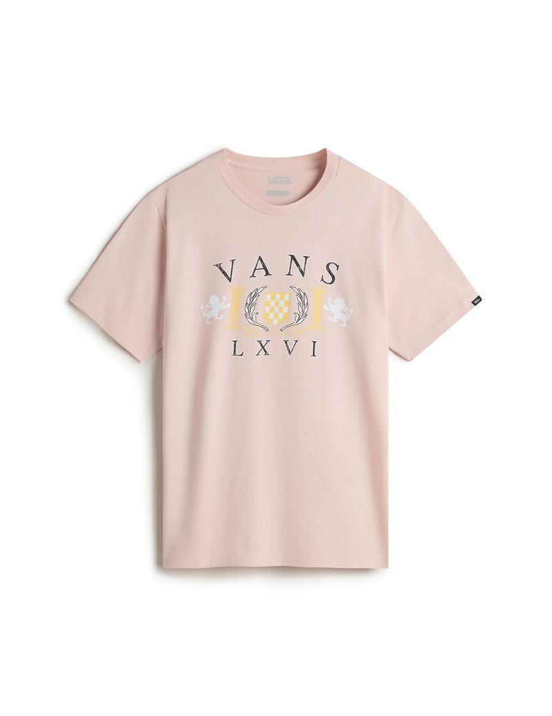Růžové bavlněné tričko s potiskem "VANS" a "LXVI" s šachovnicovým štítem, doplněné o dva lvy. Krátké rukávy, kulatý výstřih.