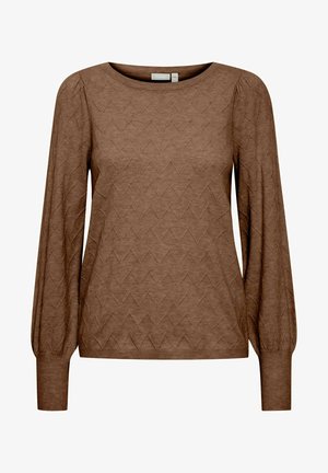 Brązowy długi sweter z długim rękawem, o teksturowanym wzorze w diamenty, zaokrąglonym dekolcie i ściągaczach na mankietach. Wykonany z miękkiego materiału dzianinowego.