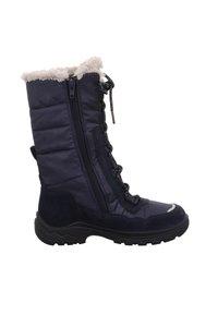 Stivale invernale blu navy con upper trapuntato, bordo in pelliccia sintetica, zip laterale e chiusura con lacci. Suola testurizzata per grip e stabilità.