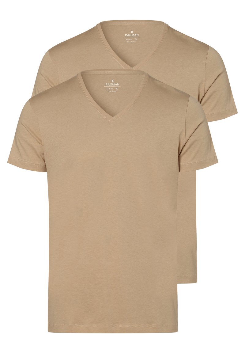 Beige V-Ausschnitt T-Shirts, Doppelpack, kurze Ärmel, aus weichem Baumwollstoff, mit einem einfachen Design und klassischer Passform.
