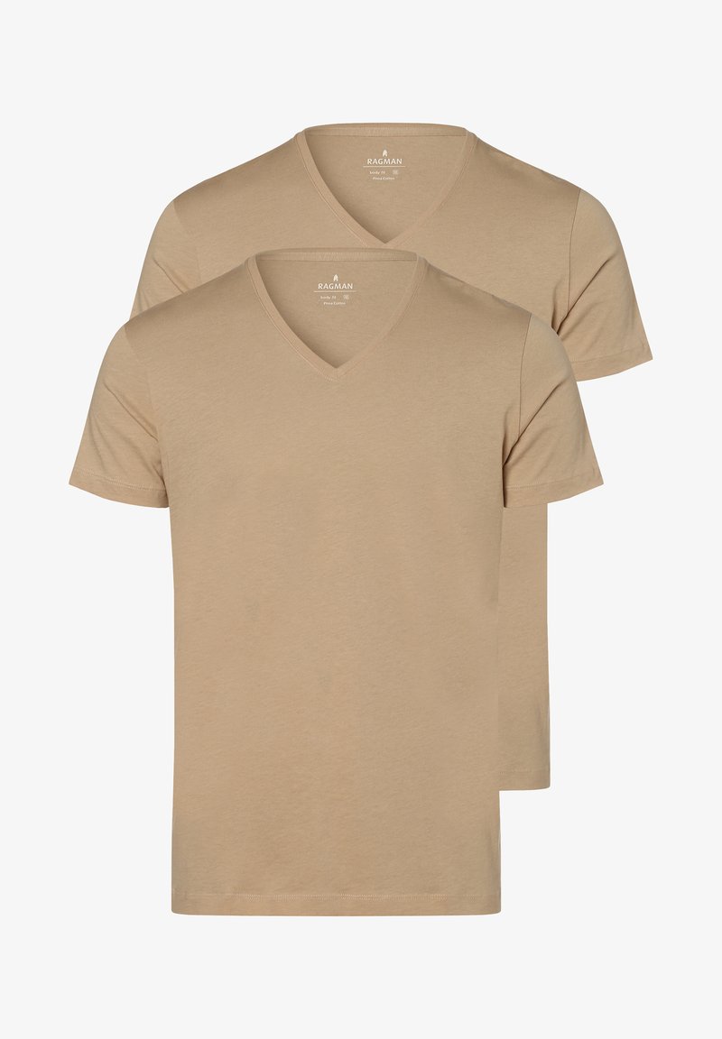 Beige V-Ausschnitt T-Shirts, Doppelpack, kurze Ärmel, aus weichem Baumwollstoff, mit einem einfachen Design und klassischer Passform.