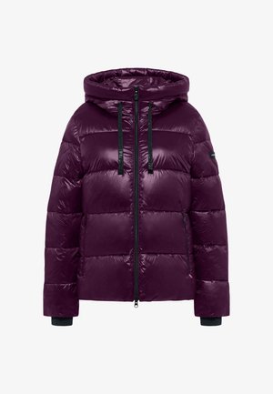 Fioletowa kurtka puchowa o błyszczącym wykończeniu, z kapturem, przednim suwakiem oraz dwoma bocznymi kieszeniami. Posiada elastyczne mankiety oraz sznurki do regulacji.