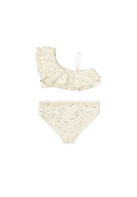 Μαύρο μπικίνι σε κρέμ απόχρωση με ύφασμα με οπές, διαθέτοντας ασύμμετρο ριγμένο τοπ με έναν ιμάντα και ταιριαστά ψηλοκομμένα κάτω μέρη.