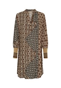 Brun mønstret kjole med geometriske designs i beige og teal. Lange ærmer med ribbede manchetter. Blødt stof med en afslappet pasform.