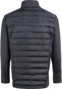 Schwarze wattierte Jacke mit einem glatten Vorderteil und strukturiertem Rückenteil. Verfügt über einen hohen Kragen und lange Ärmel in einem eleganten Design.