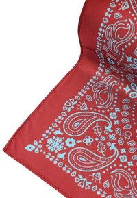 Czerwony materiał w rogu z jasnoniebieskim wzorem paisley i kwiatowym, z widocznym szczegółowym haftem na krawędzi.