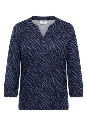 Marineblouse met een v-hals en driekwart mouwen, voorzien van een tijgerprintpatroon in verschillende blauwtinten. Gemaakt van een zachte, textuurrijke stof.