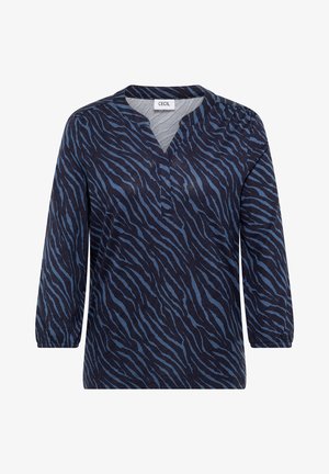 Blusa blu navy con scollo a V e maniche a tre quarti, caratterizzata da un motivo a strisce tigre in tonalità di blu. Realizzata in un tessuto morbido e testurizzato.