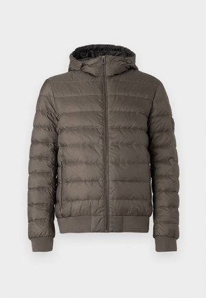 Brown padded jacket with front zipper, attached hood, zippered side pockets, and ribbed cuffs and hem.