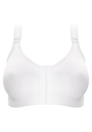 Witte beha met een gladde afwerking, zacht materiaal, verstelbare banden en een sluiting aan de voorkant met meerdere haakjes voor een veilige sluiting.