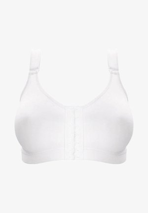 Witte beha met een gladde afwerking, zacht materiaal, verstelbare banden en een sluiting aan de voorkant met meerdere haakjes voor een veilige sluiting.