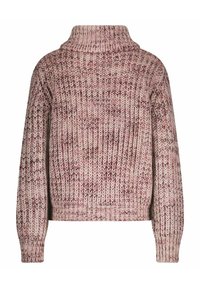 Chunky gebreide trui met een hoge hals, met een gemarmerd patroon in tinten roze, bordeaux en crème.