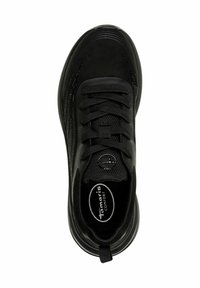 Must sihvitatud mustad spordijalatsid siledast sünteetilisest materjalist pealsega, ümmarguse varbaga ja mustade paeltega. Toote omadused hõlmavad tekstureeritud külgi ja pehmet sisetald.